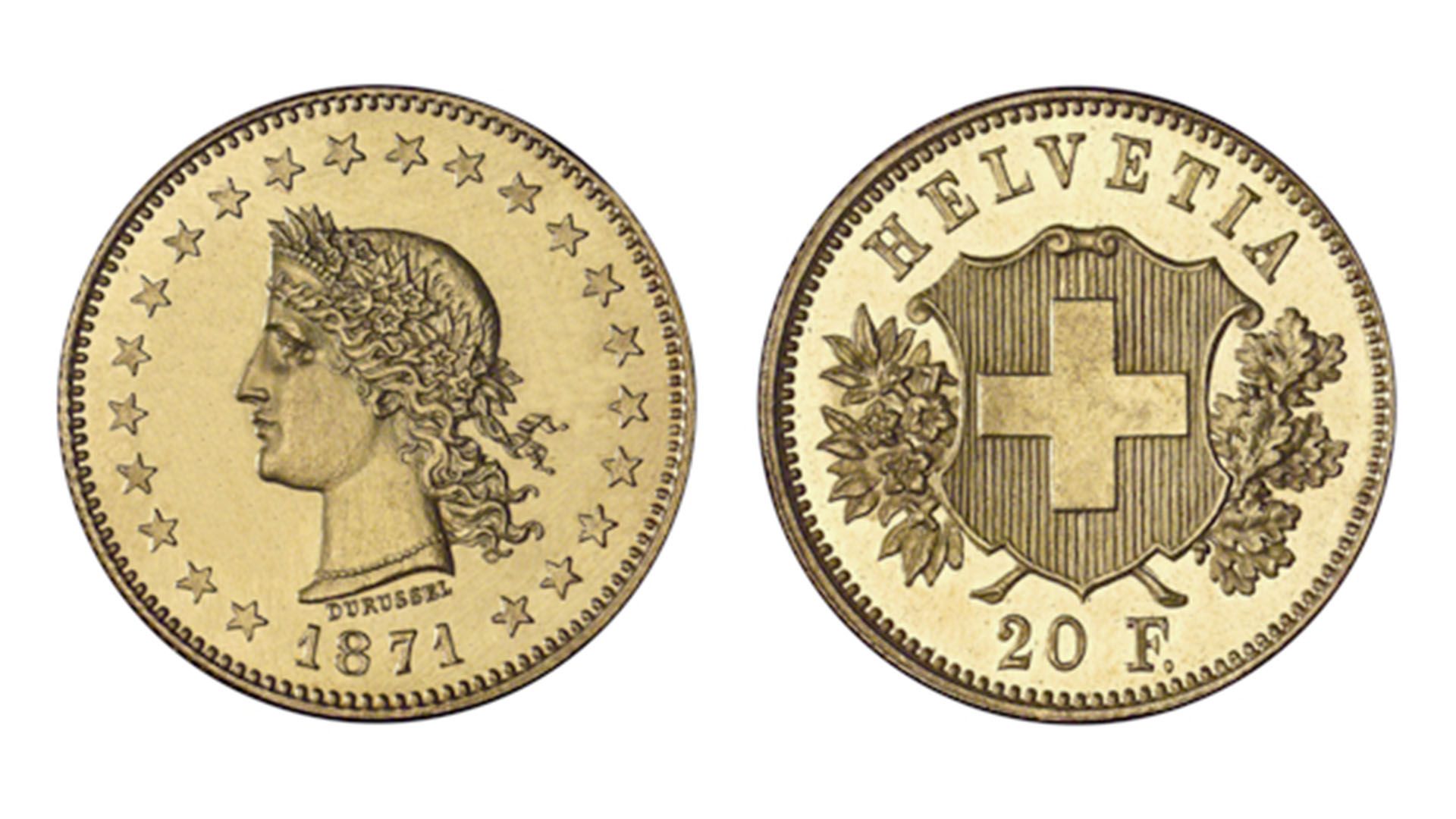 20-FR.-Goldmünze Helvetiakopf «Vreneli»