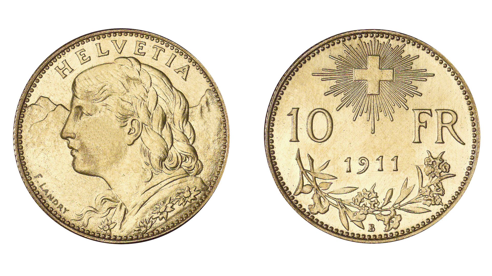 10-FR.-Goldmünze Helvetiakopf «Vreneli»