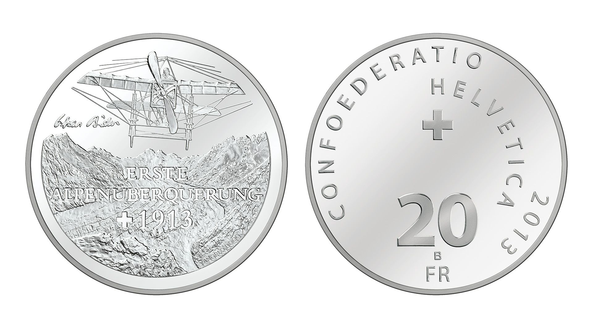 20-FR.-Silbermünze «Erster Alpenüberflug»