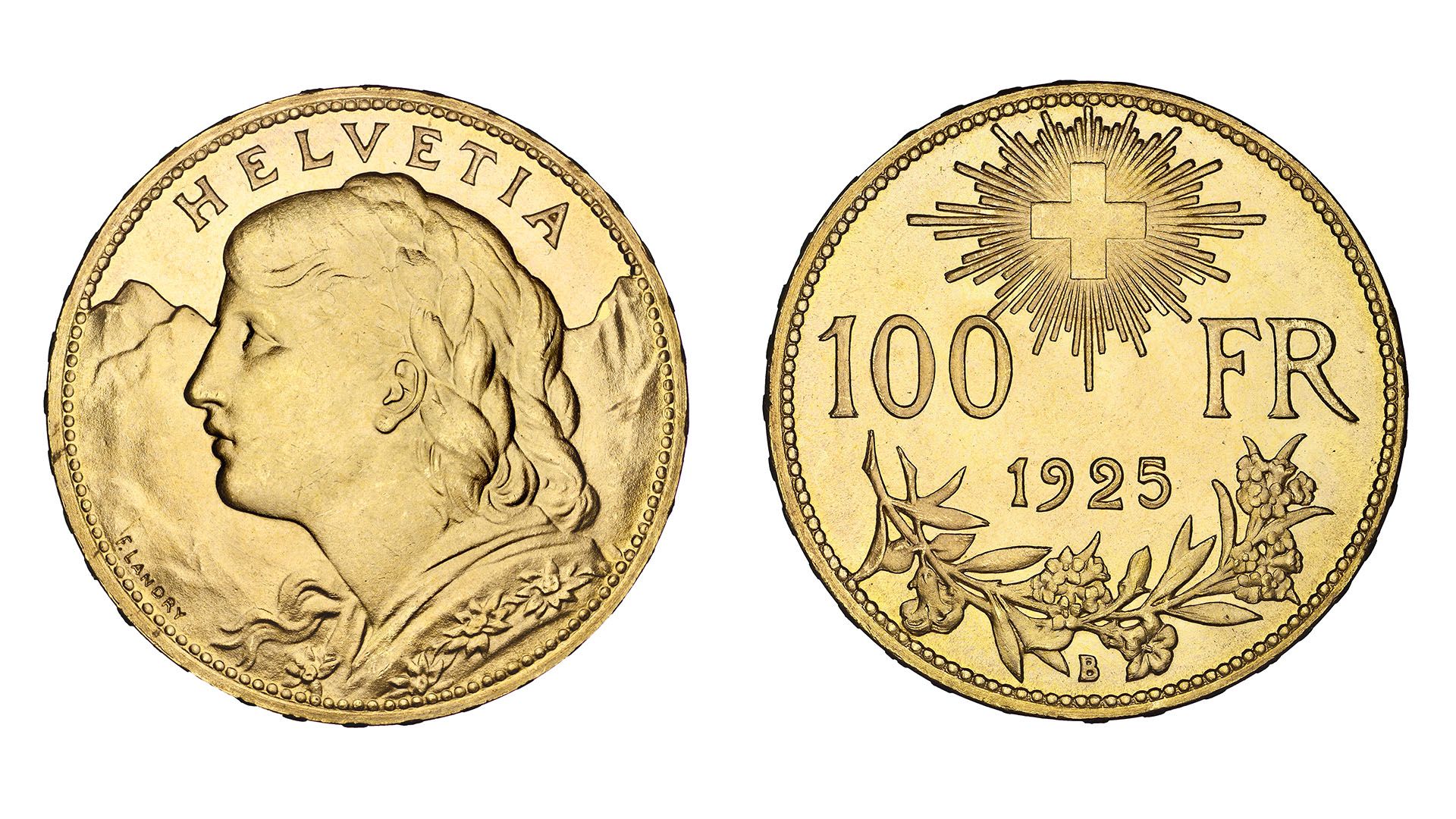 100-FR.-Goldmünze Helvetiakopf «Vreneli»