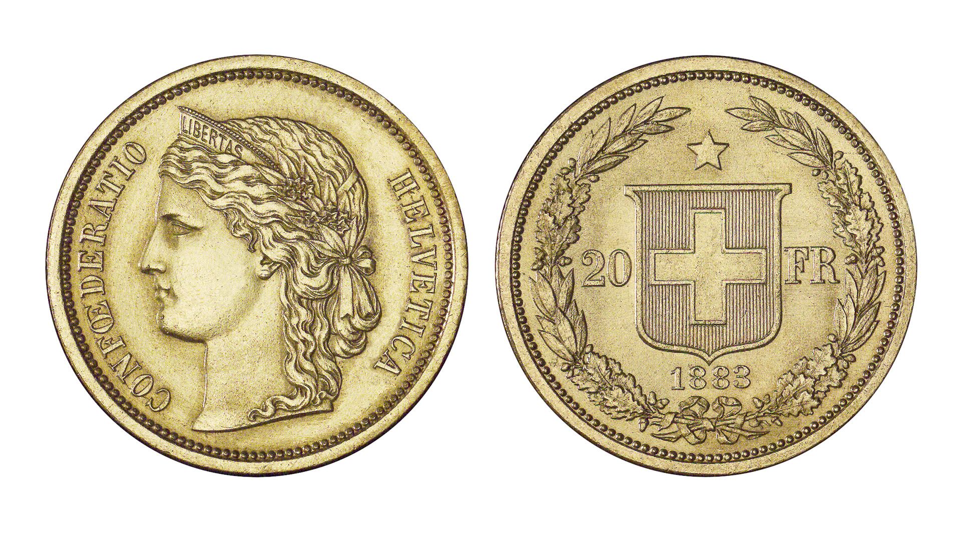 20-FR.-Goldmünze Libertaskopf «Helvetia»
